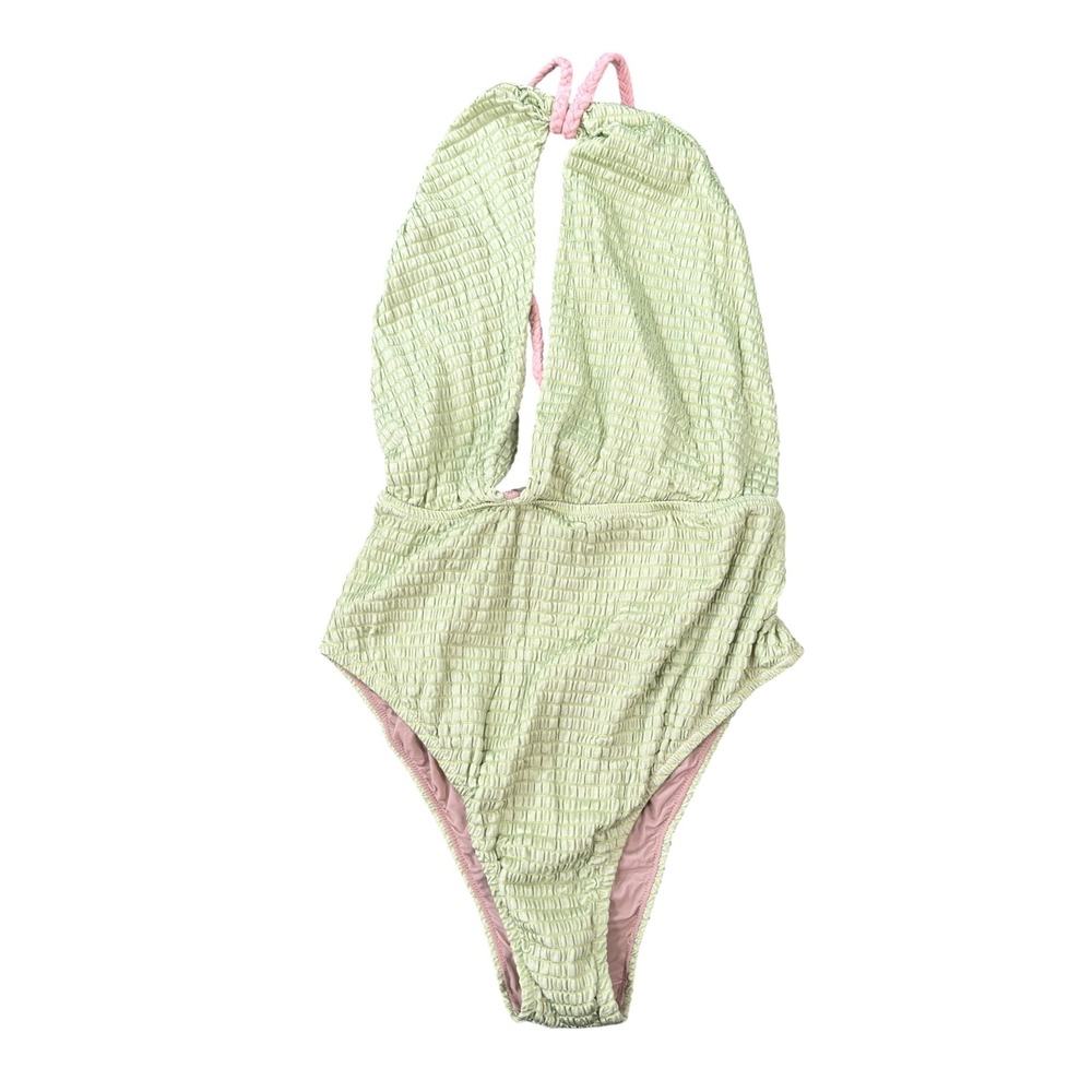 Sinesia Karol Womens Myra Green Tea Smocked Halter One Piece Swimsuit Size L